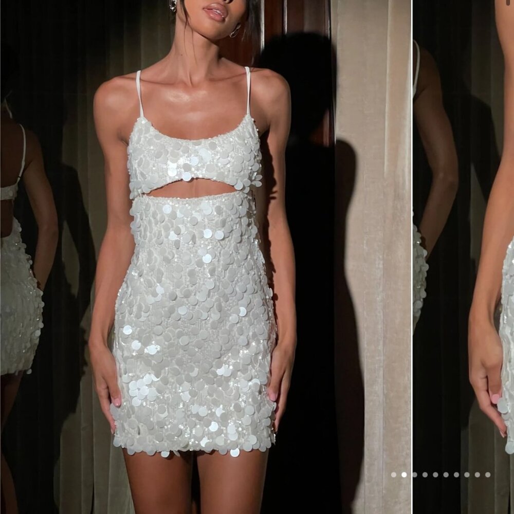 Meshki Xanthe Transparent Sequin Cut Out Mini Dress - Ivory - XS